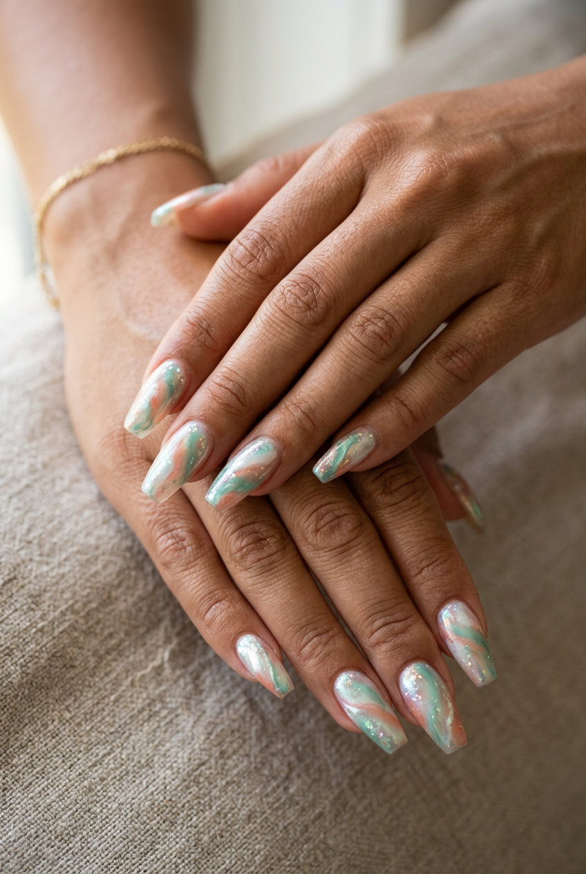 Abalone swirl marble with iridescent flakes for shell summer nails 2026. Unique bohemian style.