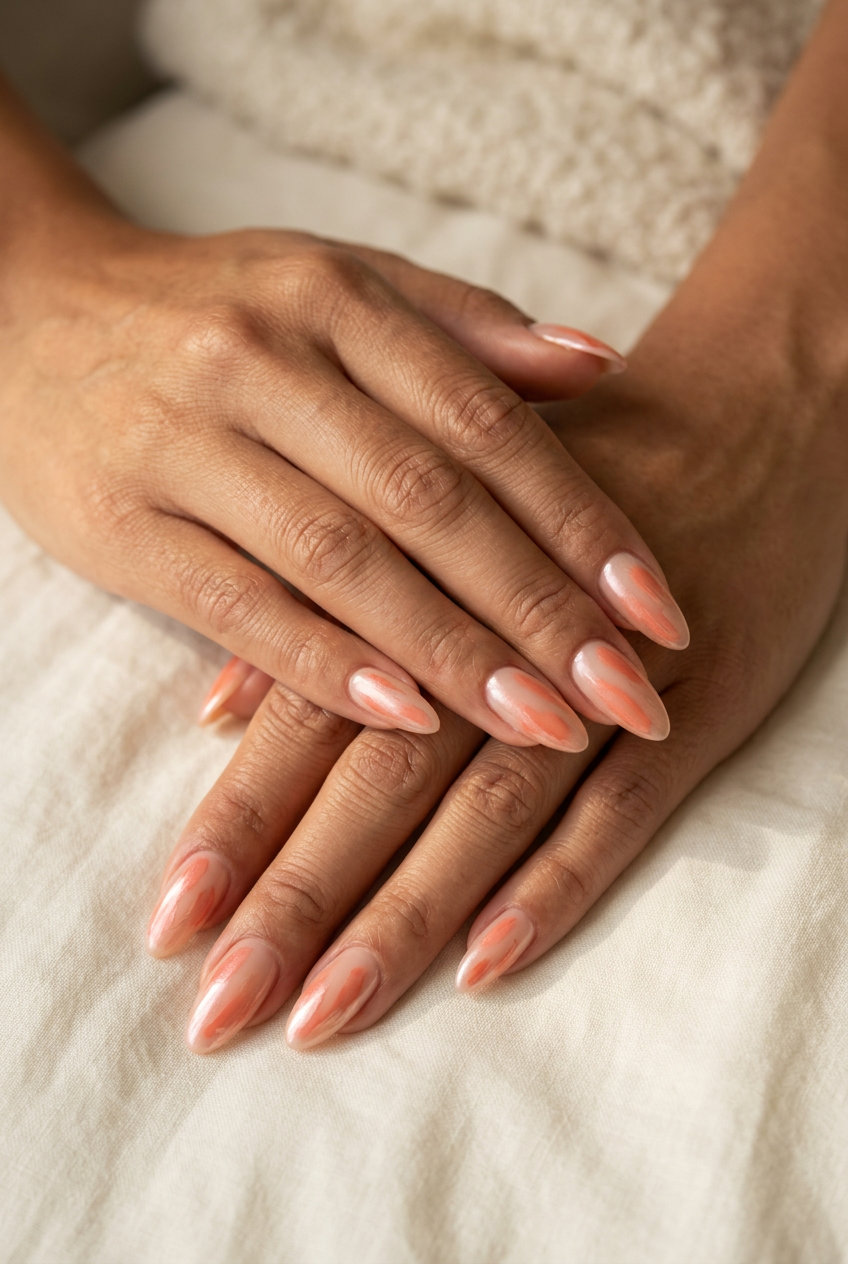 Coral Brushstroke Abstract nails for shell summer nails 2026. Artistic bohemian style.