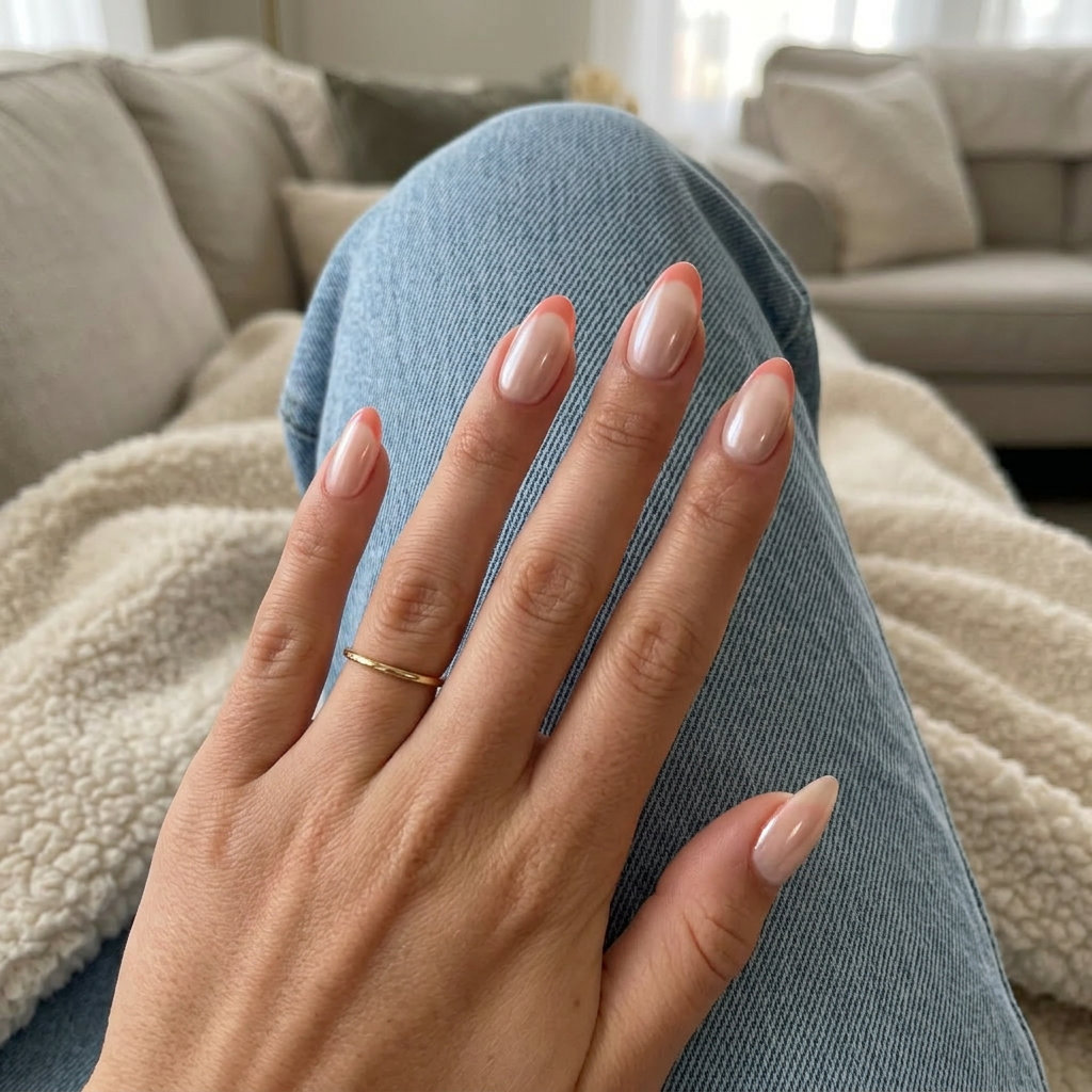 Coral Crescent Reverse French nails for shell summer nails 2026. Chic beach day style.