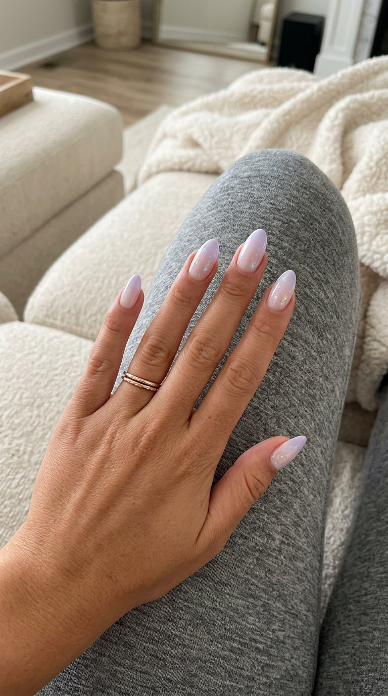 Iridescent ombre dream with sheer white & lavender for shell summer nails 2026. Romantic look.