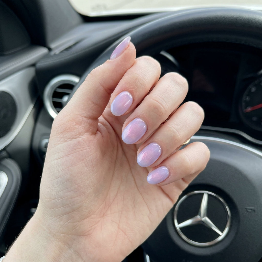 Ethereal lavender aura shimmer nails for shell summer nails 2026. Romantic & dreamy for events.