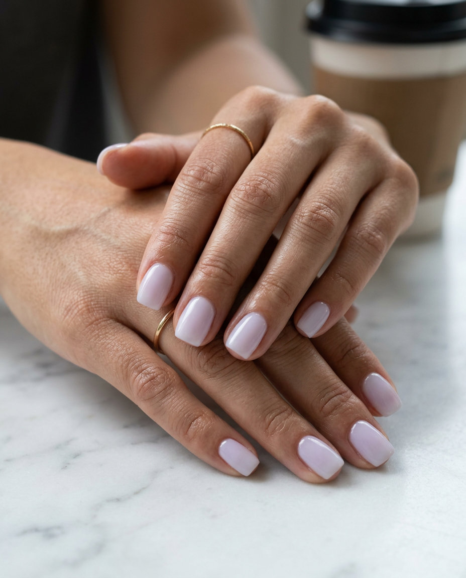 Pale lavender milky shine soft square nails for shell summer nails 2026. Clean & serene style.