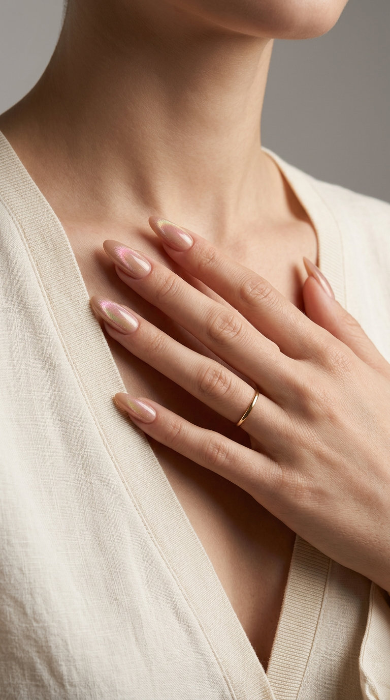 Warm nude cat-eye nails with iridescent shift, perfect for shell summer nails 2026. Sultry & modern.