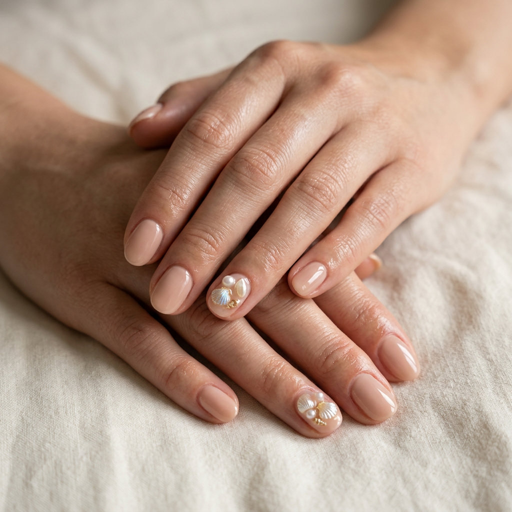 Pearlescent White Almond Glaze nails for shell summer nails 2026. Sophisticated summer event style.
