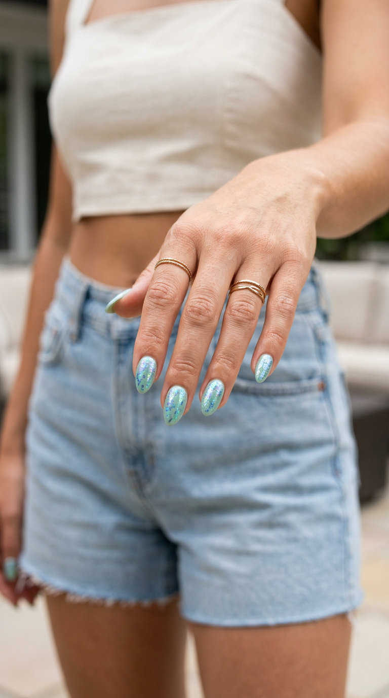 Seafoam green aurora flakes on medium oval nails for shell summer nails 2026. Perfect for festivals.