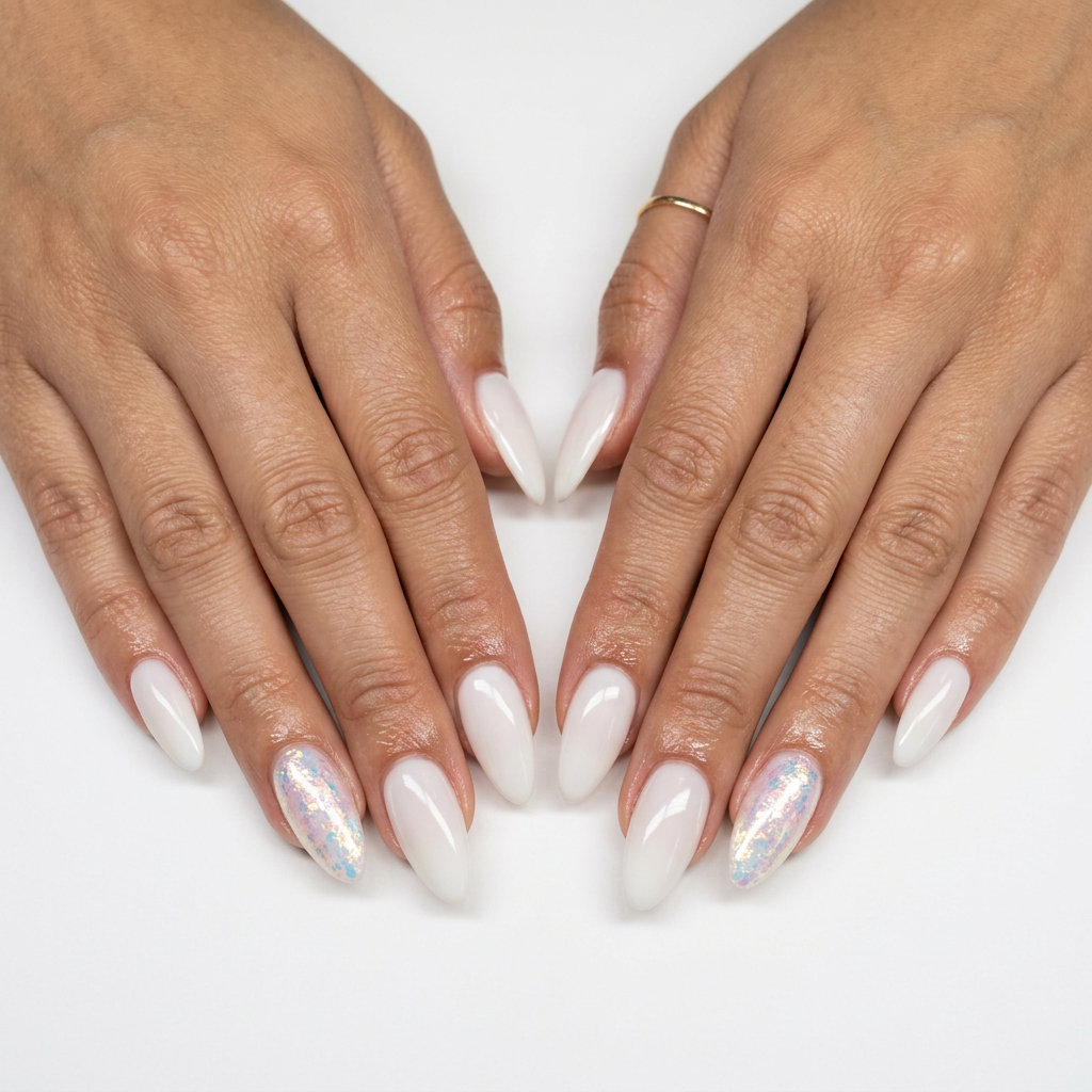 Shimmering Shell Accent Almond nails for shell summer nails 2026. Glamorous party style.