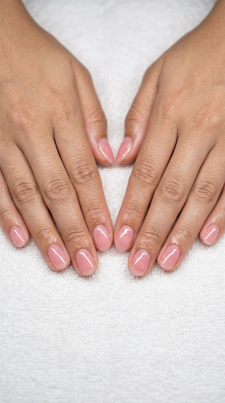 Short oval summer nails 2026 in clear bubblegum pink jelly for minimalist chic work looks.