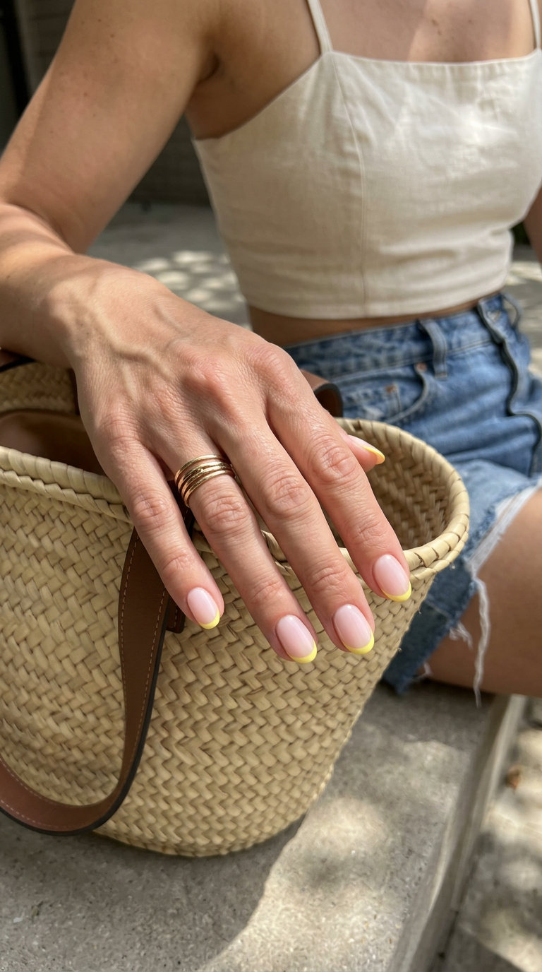 Playful short oval summer nails 2026 with butter yellow French tips for parties.