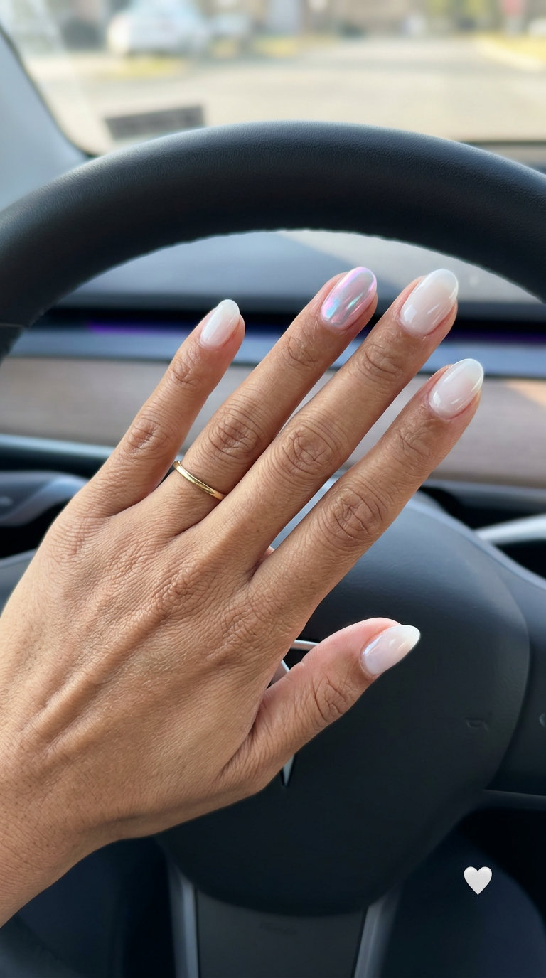 Short oval summer nails 2026 with milky white base and iridescent pink-blue chrome accent.