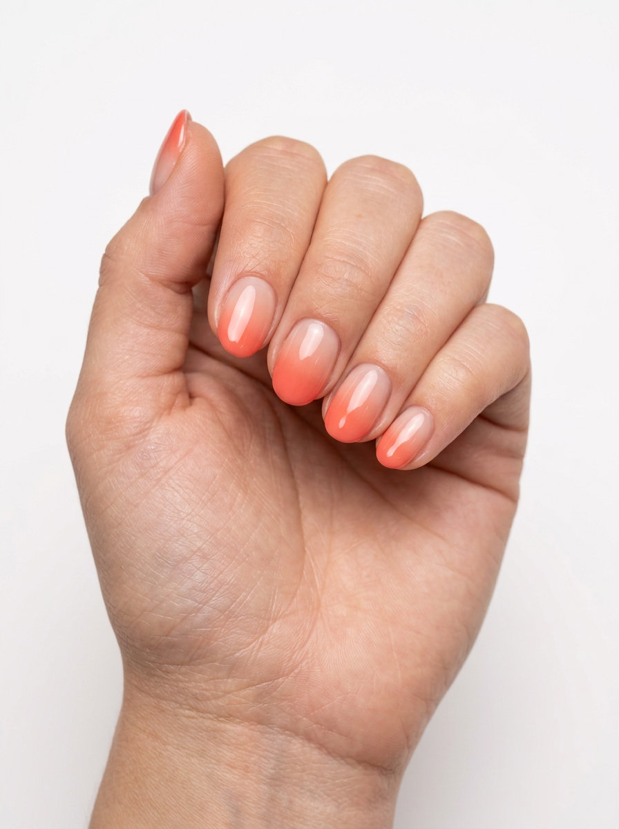 Short oval summer nails 2026 in coral sunset ombre for romantic summer events and dates.