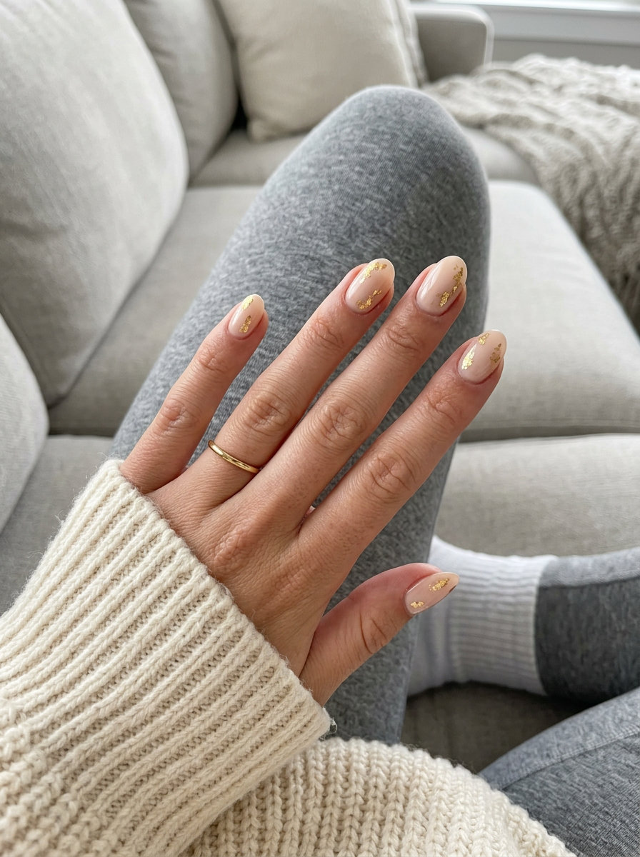 Sophisticated short oval summer nails 2026 with nude and gold flake accents for formal events.