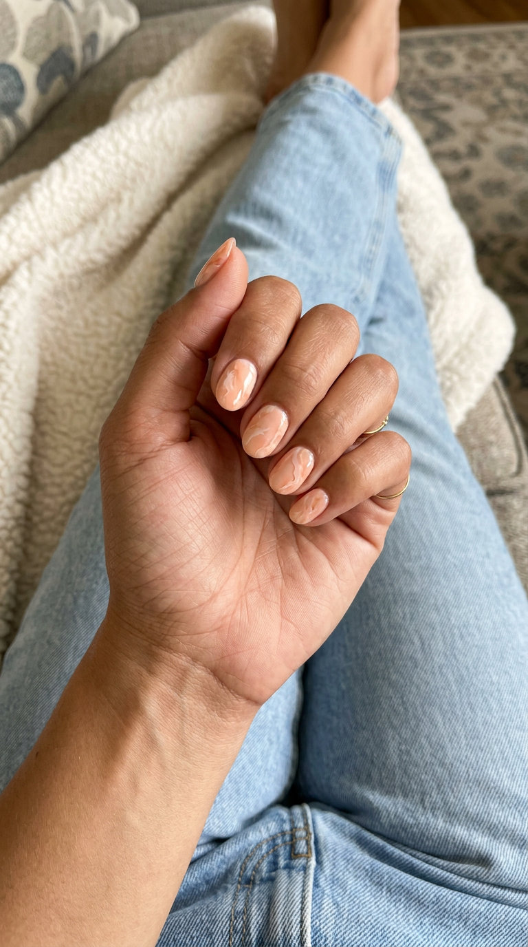 Short oval summer nails 2026 in marble peach dream for romantic date nights and events.