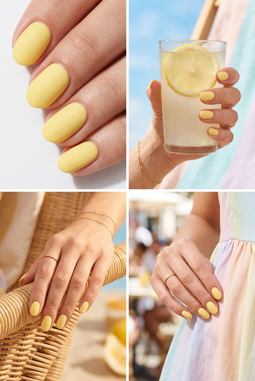 Short oval summer nails 2026 in matte butter yellow for playful casual summer days.