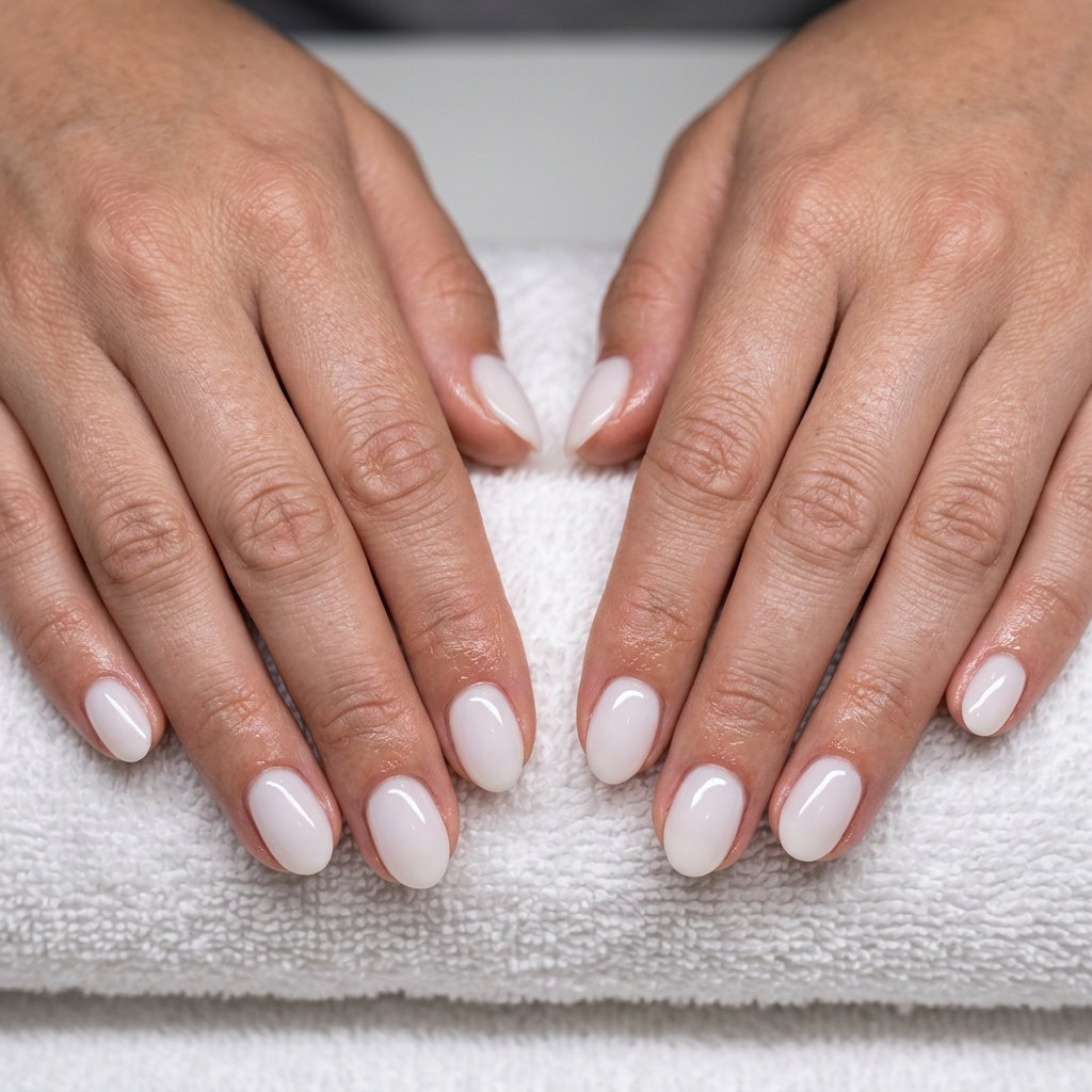 Opaque milky white builder gel short oval summer nails 2026 for clean, minimalist style.