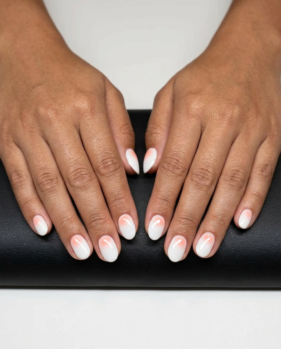 Short oval summer nails 2026 in crisp white with peach-pink aura for romantic wedding guests.
