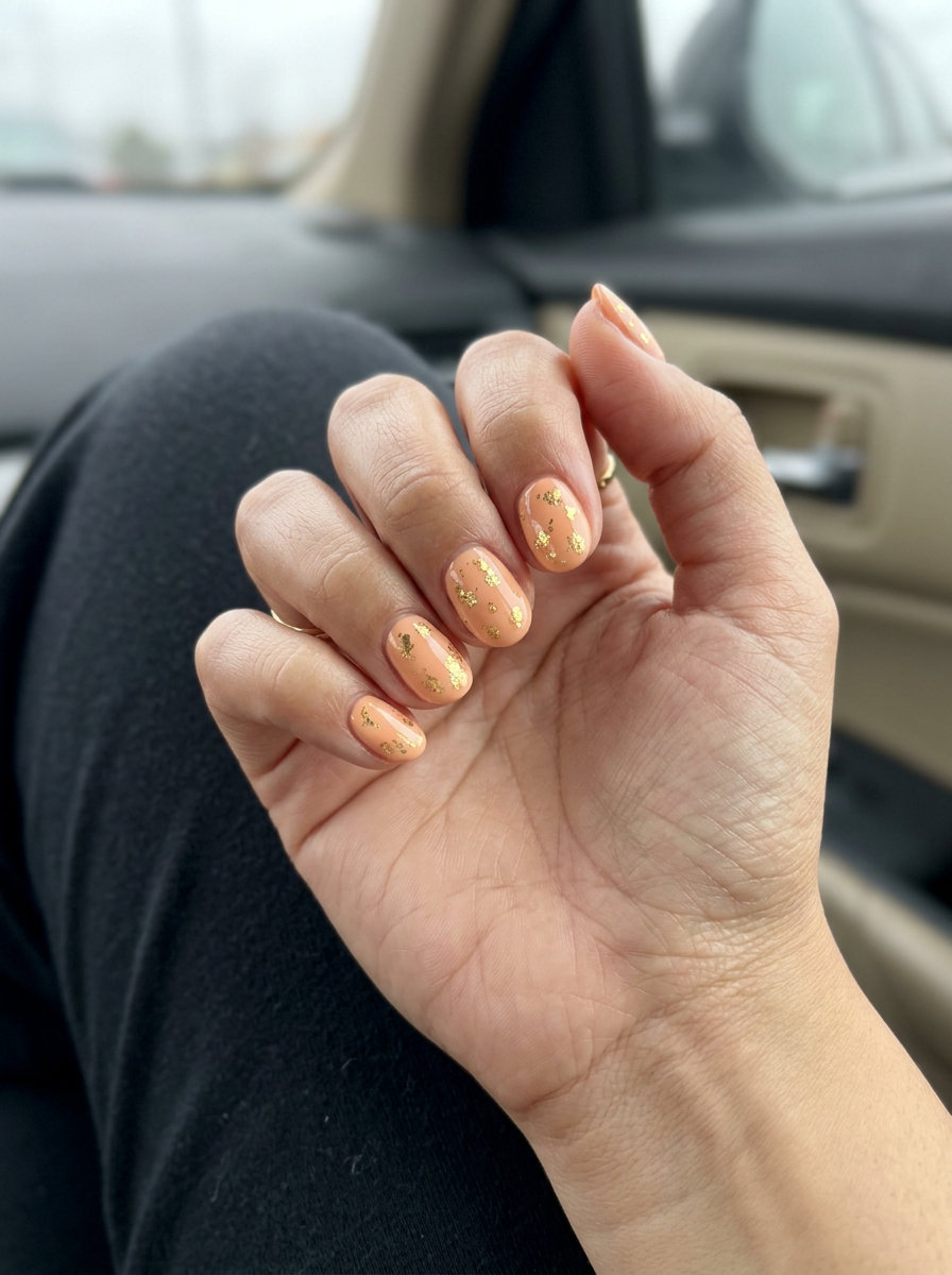 Short oval summer nails 2026 in warm peach with scattered gold foil for sophisticated daily wear.