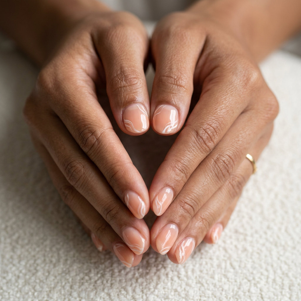 Romantic short oval summer nails 2026 with sheer peach and creamy white swirls for weddings.