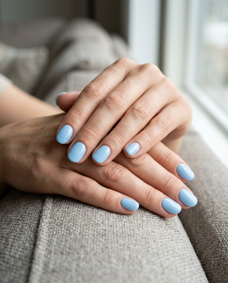 Sky blue solid short oval summer nails 2026 with a creamy opaque finish for daily wear.