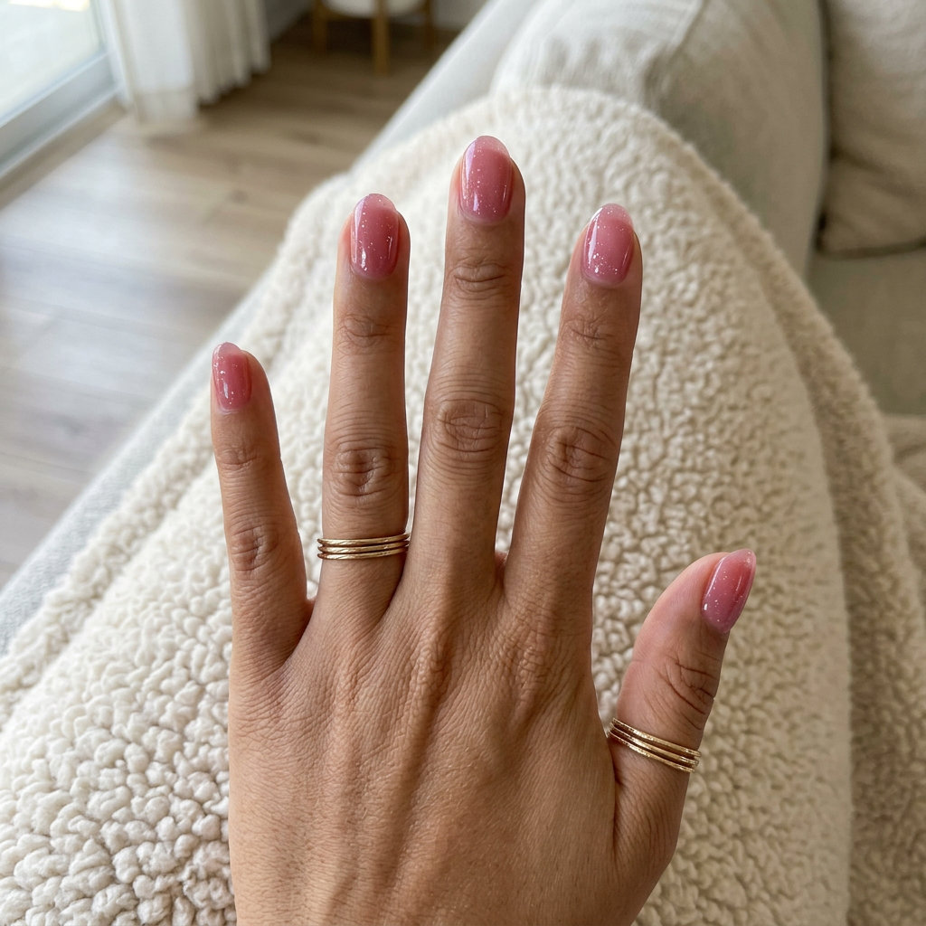 Short oval summer nails 2026 in sparkle jelly pink for glamorous party nights out.