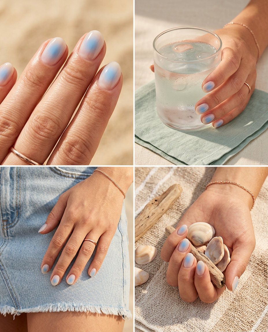 Short oval summer nails 2026 in summer aura blue for calm, ethereal casual vibes.