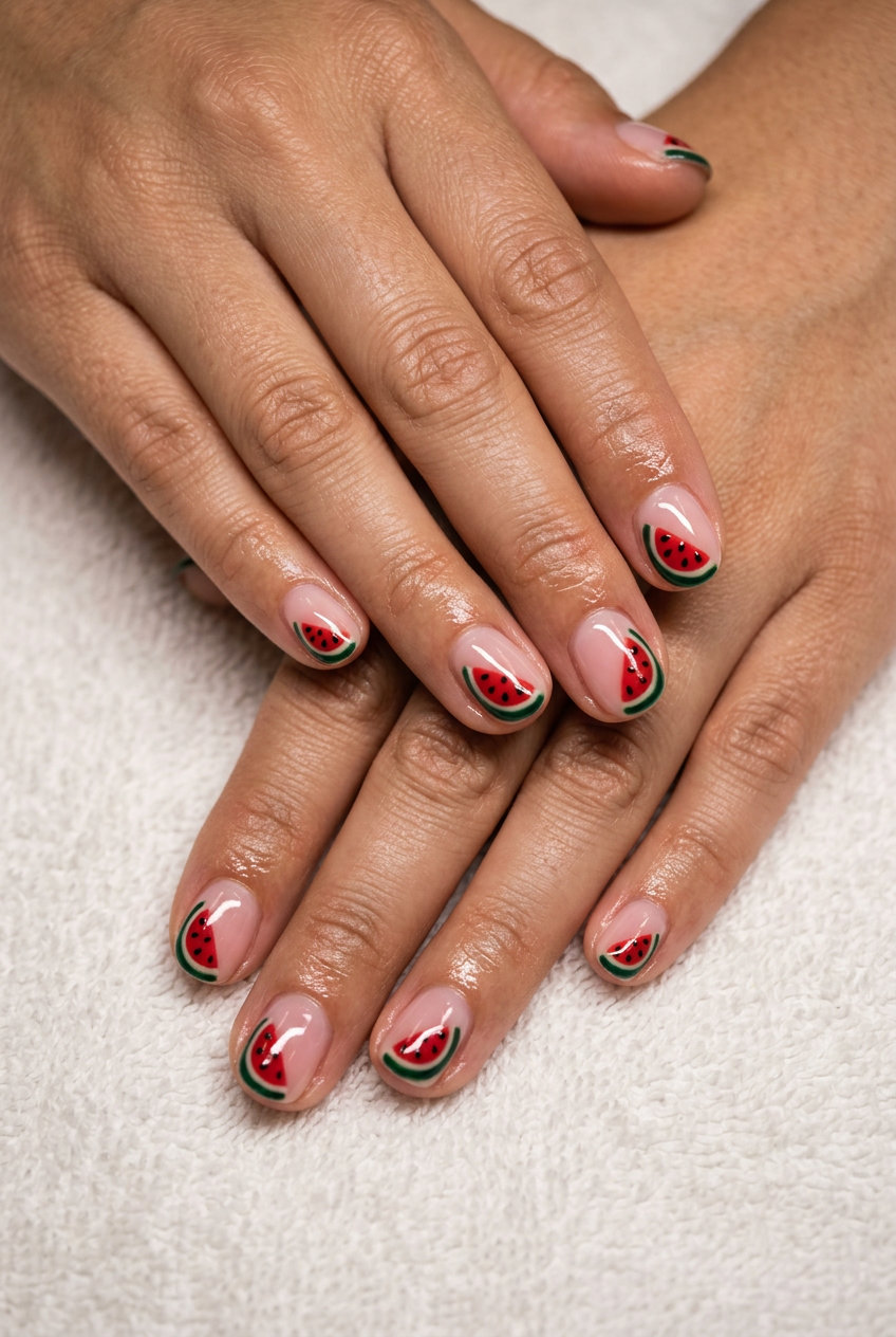 Watermelon slice art on sheer pink short oval summer nails 2026 for vacation fun.