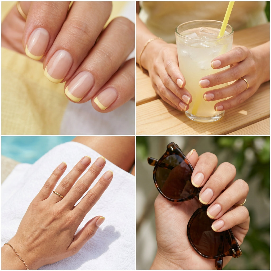 Short round summer nails 2026: Minimalist butter yellow micro French tips for daily wear and summer brunch.