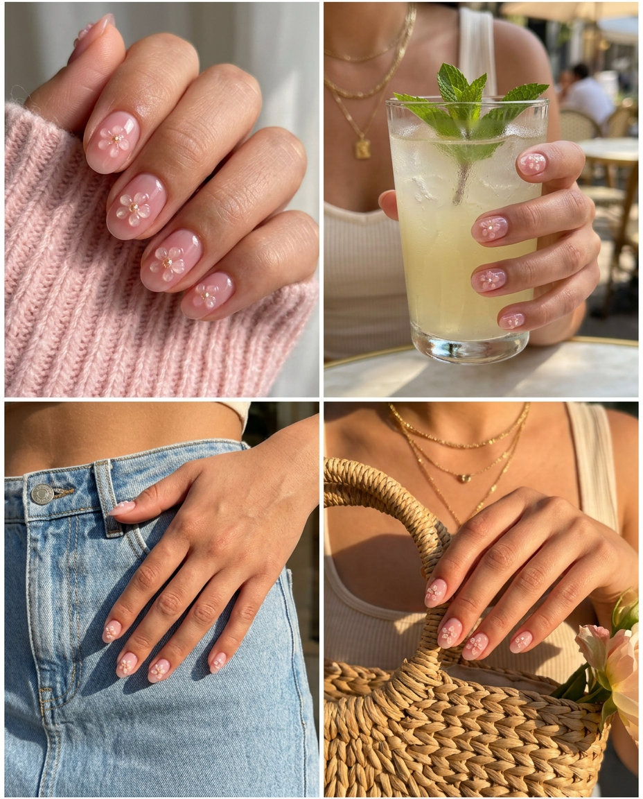 Short round summer nails 2026: Whimsical sheer pink jelly with pastel floral charms for parties and festivals.