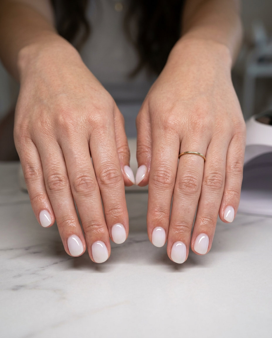 Short round summer nails 2026: Sophisticated milky white aura effect for daily wear and summer travel.