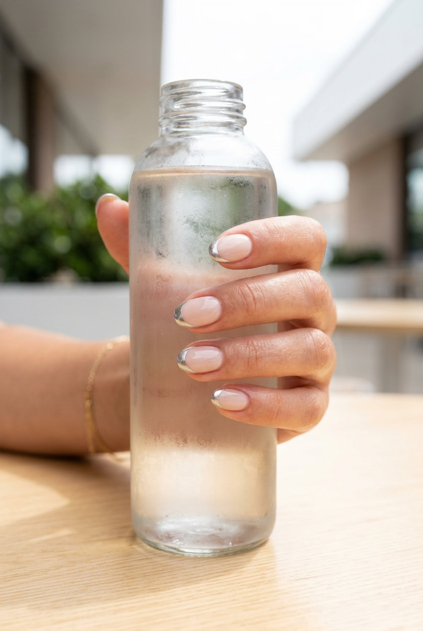Short round summer nails 2026: Modern nude chrome French tips for business casual and wedding guests.