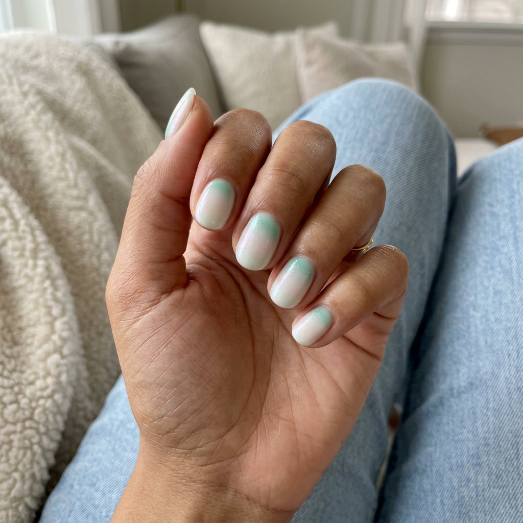 Short round summer nails 2026: Seafoam Halo Half-Moon for date nights. Ethereal, sophisticated, calm.