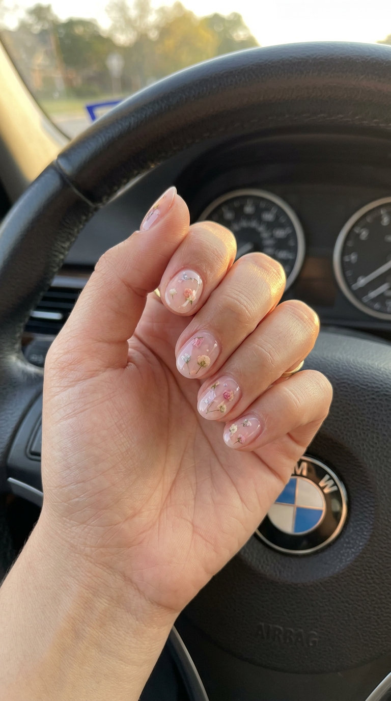 Short round summer nails 2026: Dreamy sheer pink milk bath with pastel dried flowers for weddings and vacations.