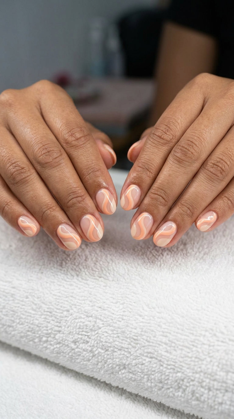 Short round summer nails 2026: Artistic soft peach and nude swirls on a sheer base for casual weekends.