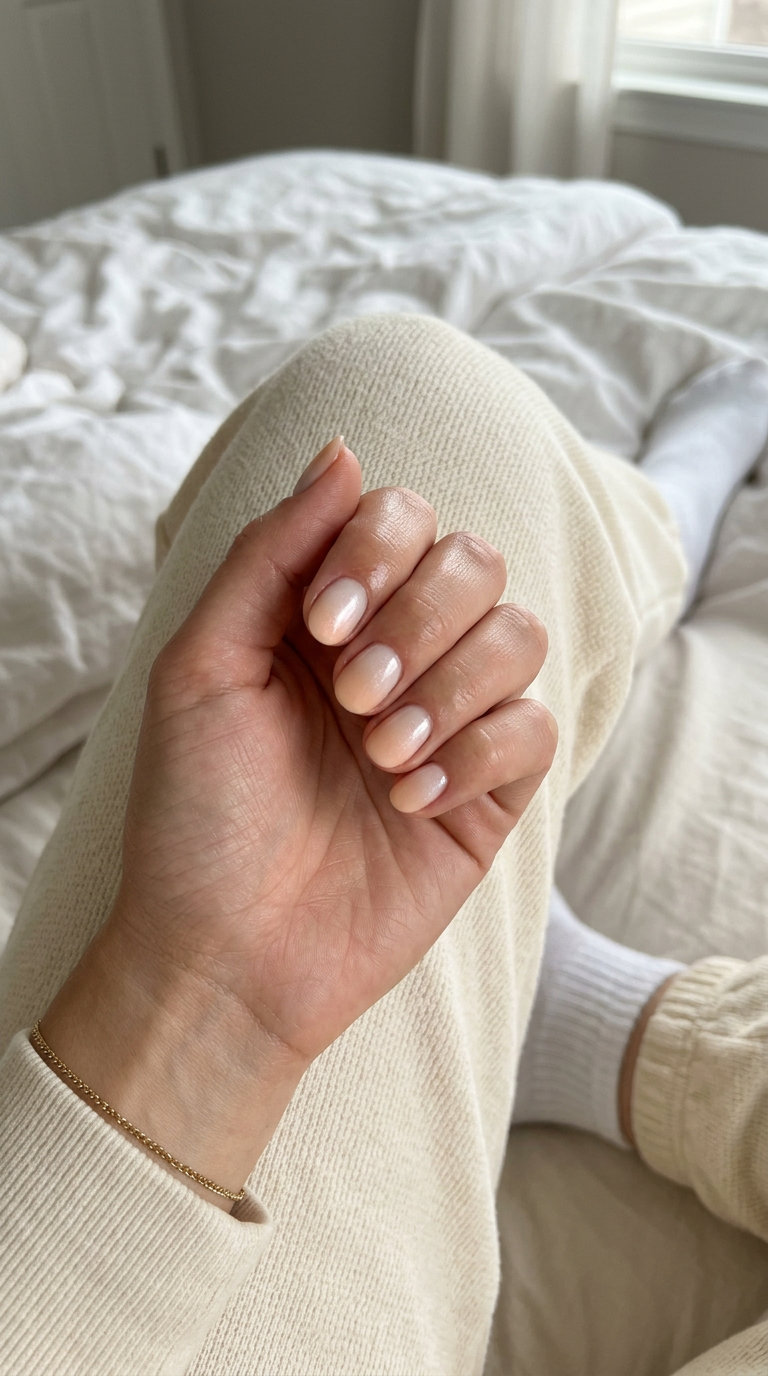 Short round summer nails 2026: Romantic peach ombre with pearlescent shimmer for elegant events.