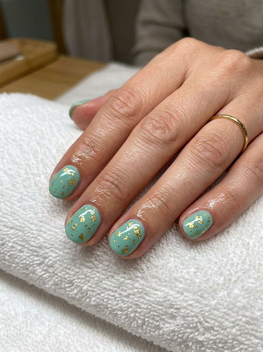 Mermaid Treasure Gold Flakes short round summer nails 2026. Ethereal, bohemian style for vacations & festivals.