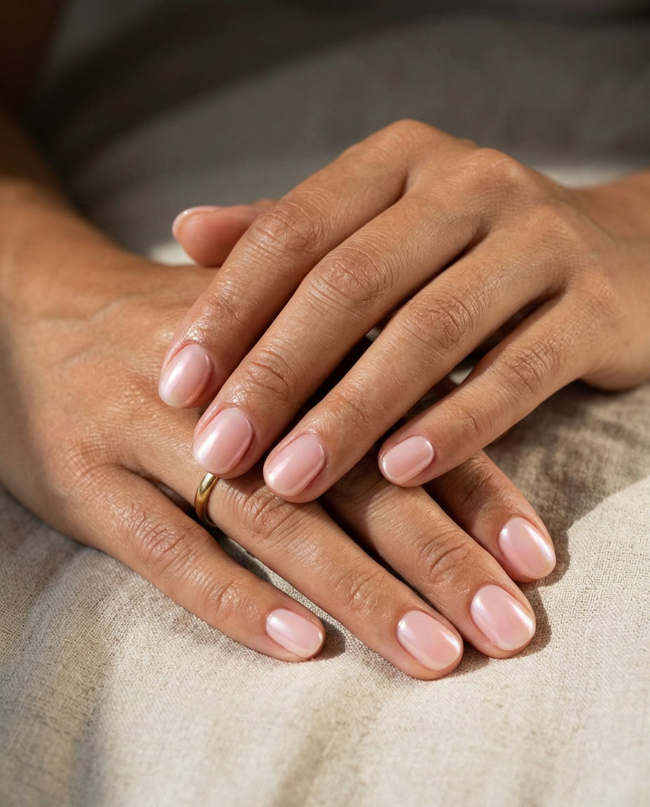 Sheer Pink Glazed Donut short round summer nails 2026. Clean, minimalist style for daily wear & weddings.