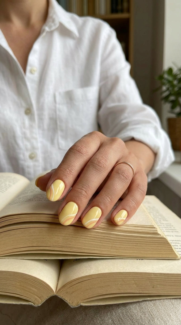 Sunshine Doodles Abstract short round summer nails 2026. Whimsical, playful style for casual & creative meetings.