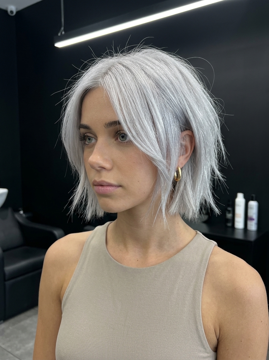 Chrome Siren Choppy Bob 2026 chin-length choppy bob in silver platinum blonde, extreme razor-cut layers, spiky finish, undercut back for festival