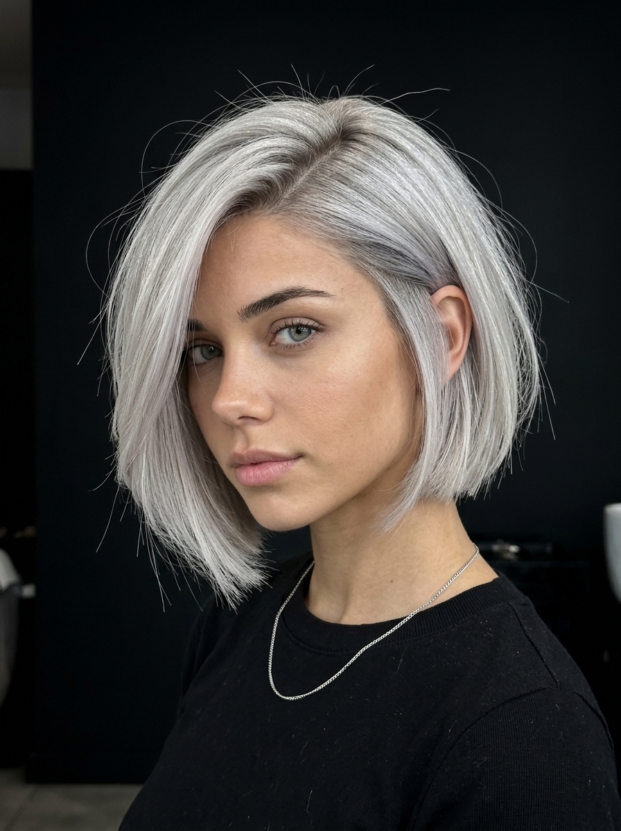 short sculpted french bob with luminous silver-platinum, razor cut textured ends for avant-garde look