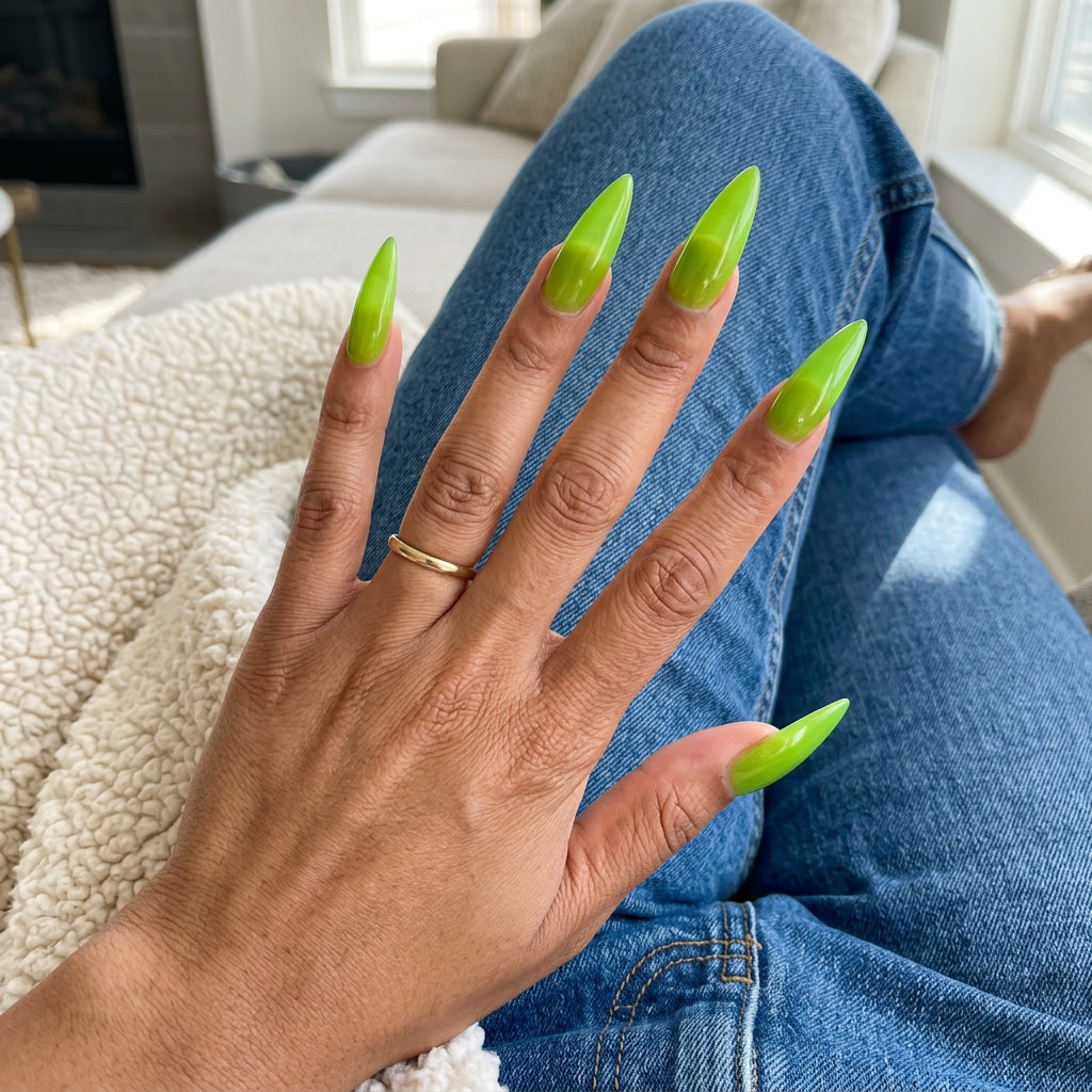 Electric Lime Stiletto Jelly nails: simple summer acrylic nail designs 2026. Edgy, vibrant, ideal for festivals and parties.