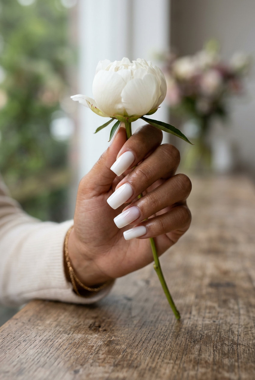 Subtle gradient accent square nails for weddings 2026. Minimalist and elegant.