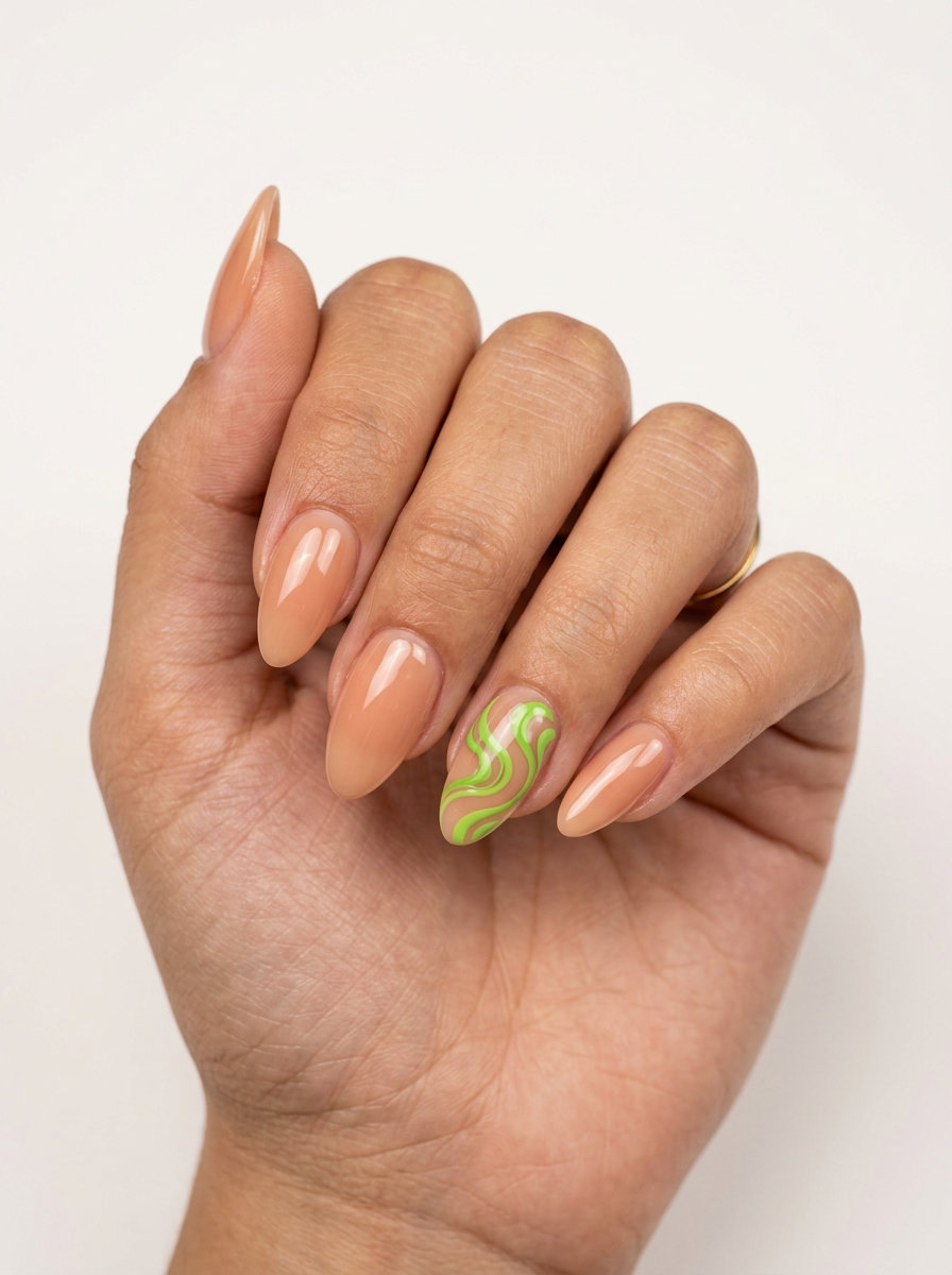Lime Green Accent Swirl Almond nails: simple summer acrylic nail designs 2026. Playful, artistic, great for date night.