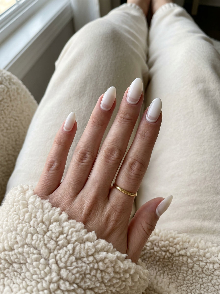 Milky Reverse French Almond nails: simple summer acrylic nail designs 2026. Minimalist, sophisticated, office-appropriate.
