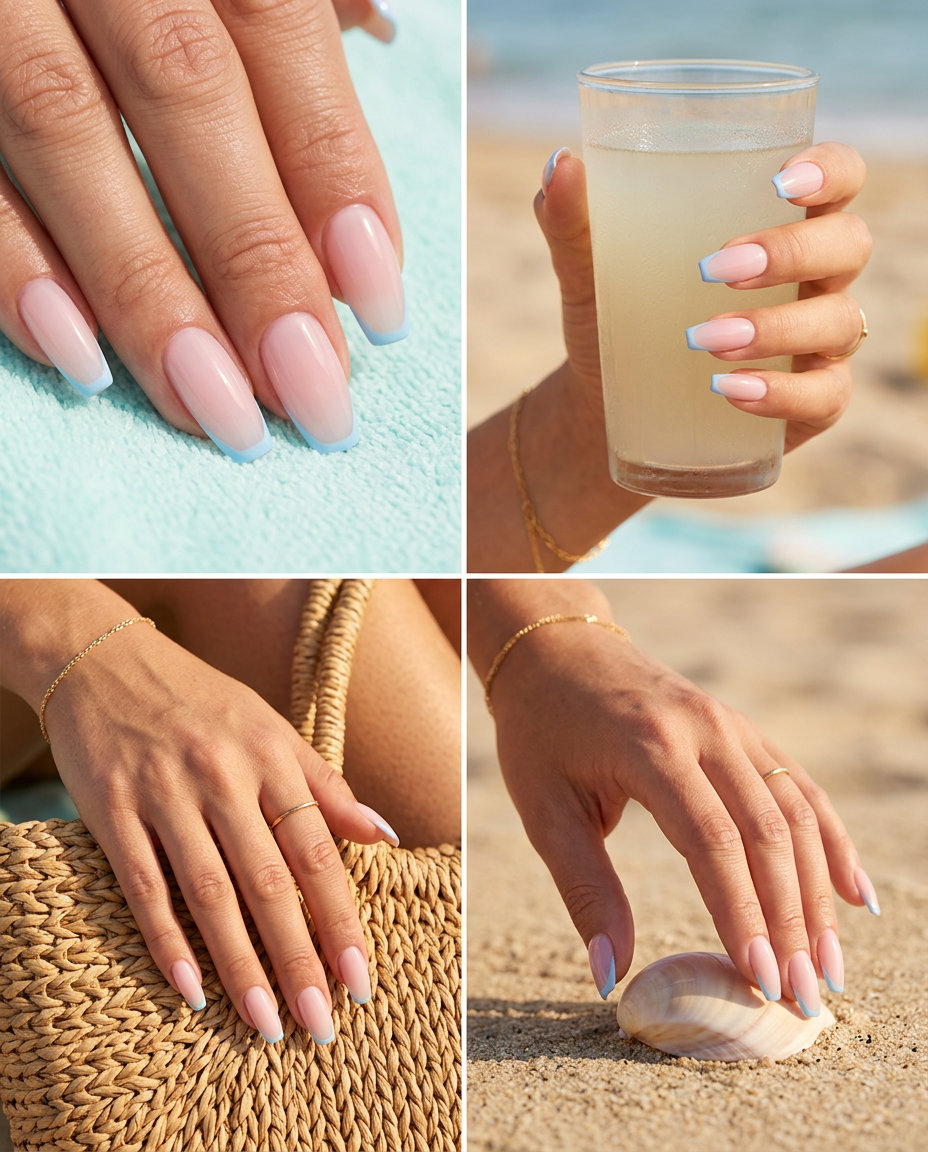 Sky Blue Micro French coffin nails for date night and summer events in 2026. Romantic and chic pastel style.