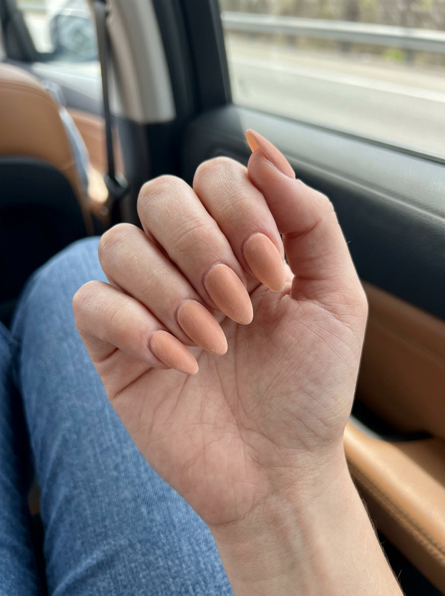 Velvet nude almond long nails for formal events 2026. Sophisticated and luxurious.