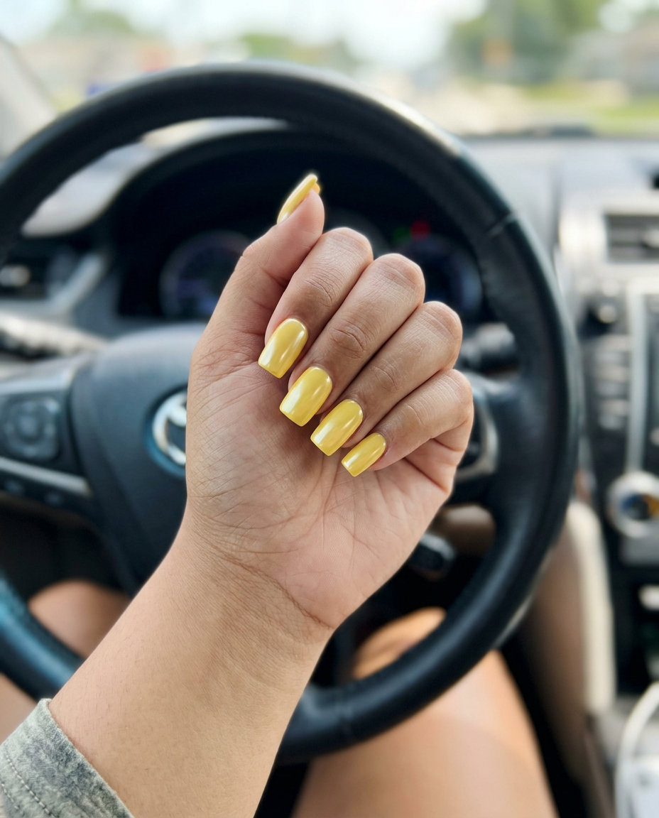 Butter Yellow Subtle Chrome Square nails for simple summer nails 2026, ideal for vacation and casual weekends.