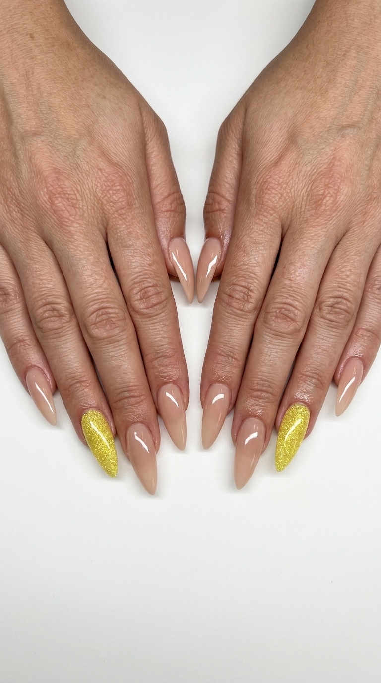 Glamorous butter yellow glitter accent stiletto nails for festivals, parties, and summer fun. Simple summer nails 2026.