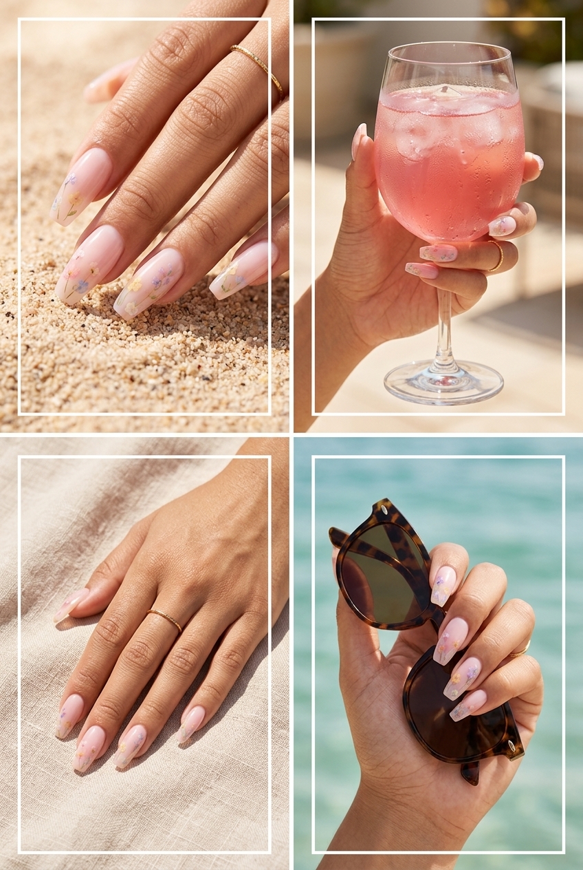 Floral Milk Bath Coffin nails for simple summer nails 2026, perfect for weddings and romantic events.