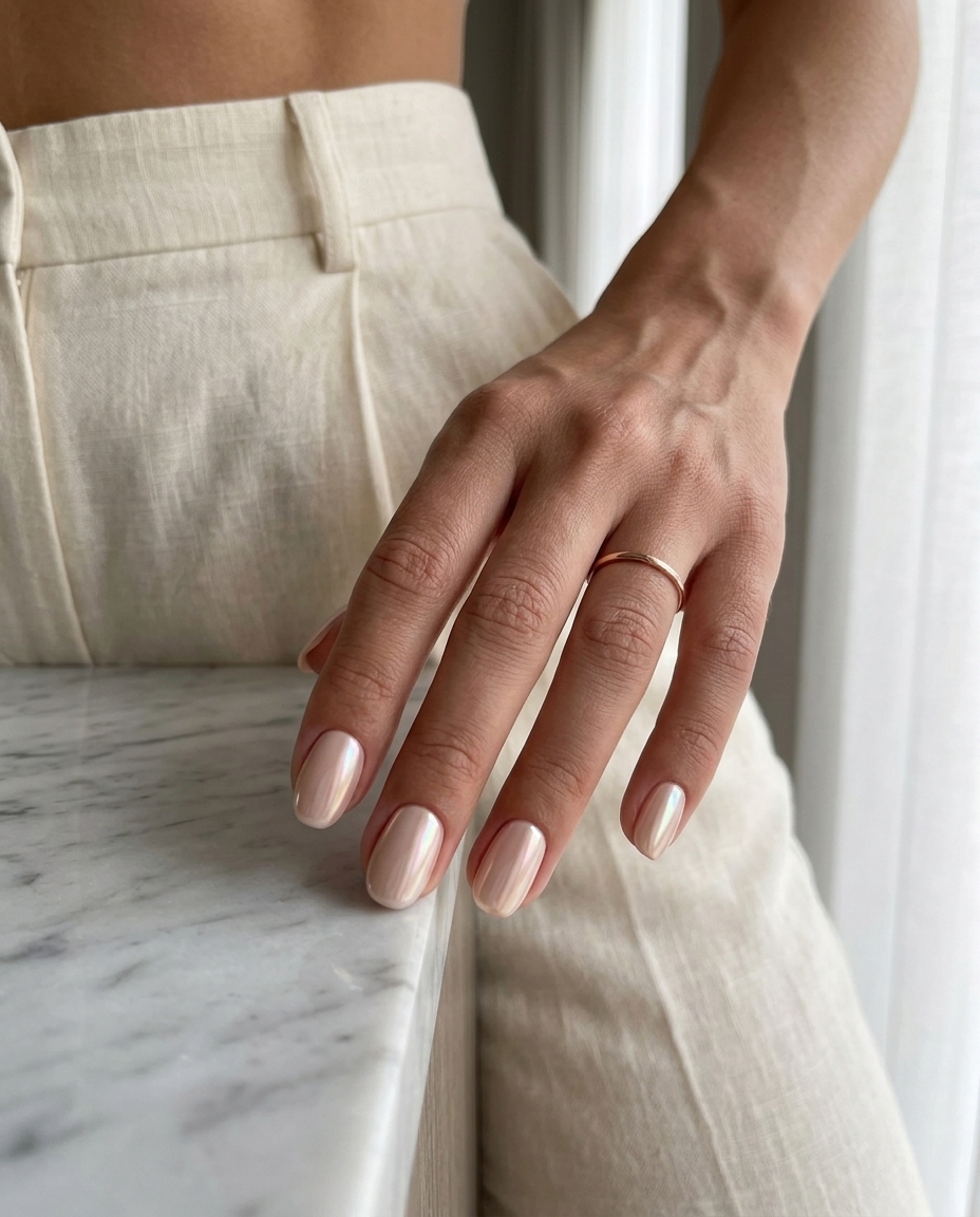 Minimalist subtle glazed nude short oval nails for daily wear, work, and travel. Simple summer nails 2026.