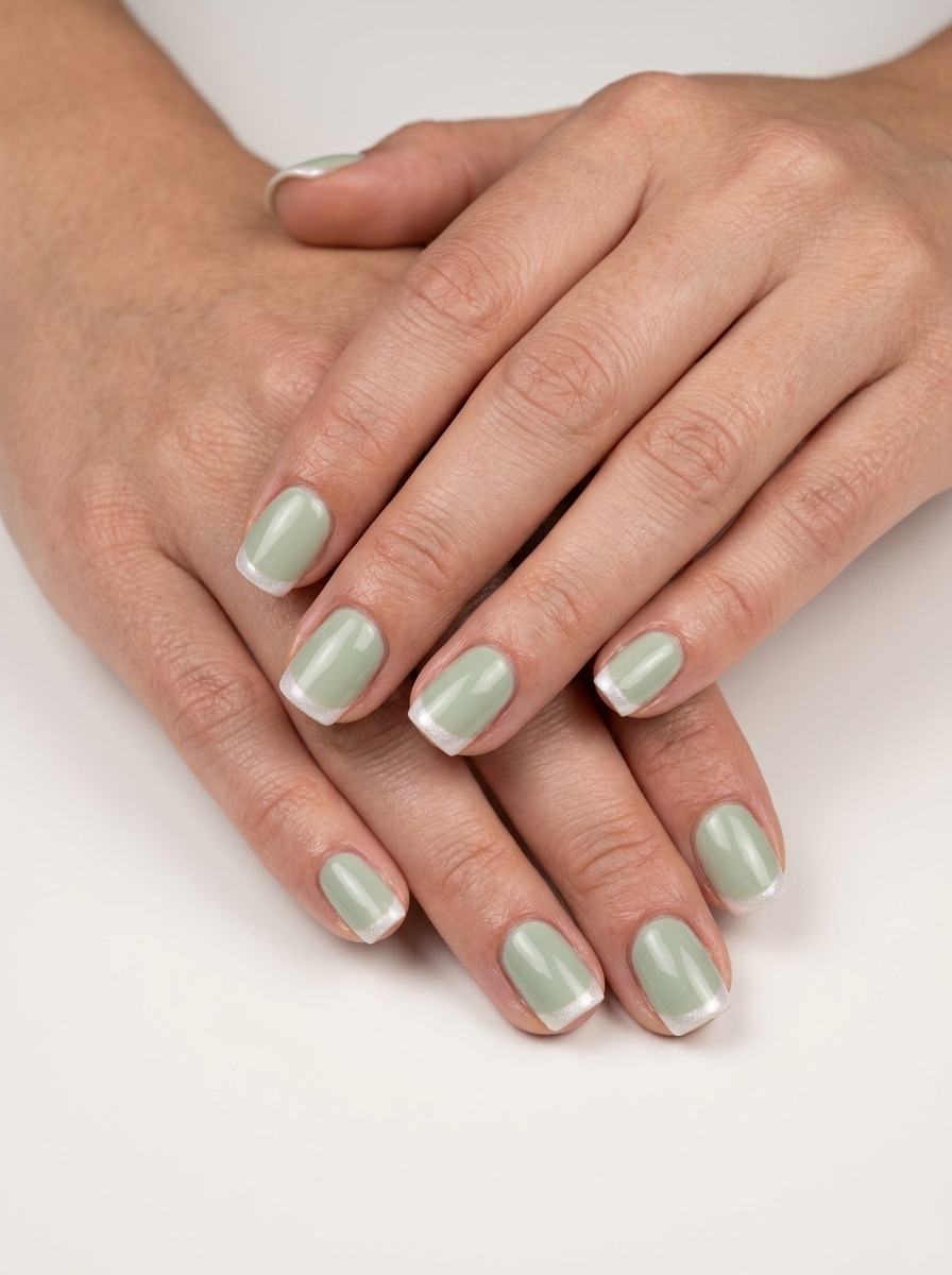 Whimsical ethereal green French tip short square nails for festivals, summer casual, and weekend brunch. Simple summer nails 2026.