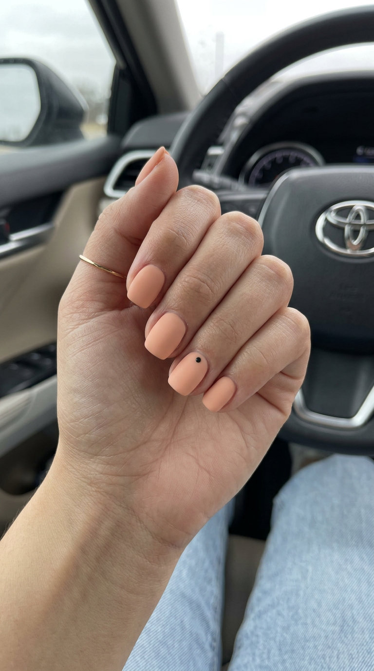Chic matte peach clean girl dot short squoval nails for daily wear, work, and casual outings. Simple summer nails 2026.